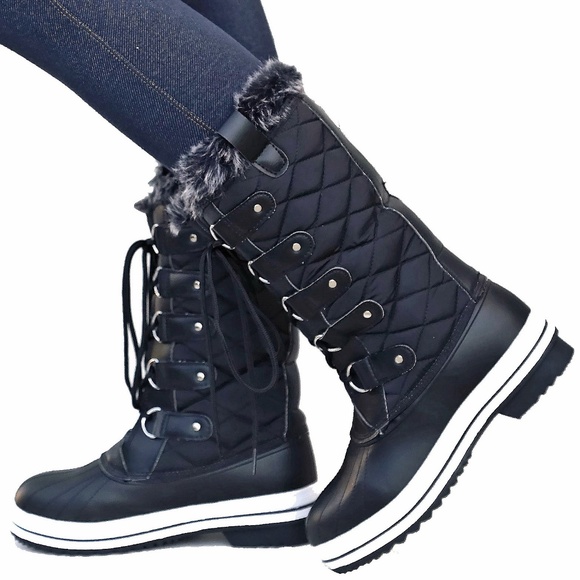 Shoes - Black Quilted Lace Up Weatherproof Snow Boots